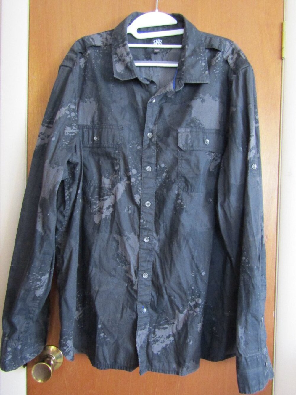 Rock & Republic Shirt Mens 2XL Button Black Marled Splatter Look Stretch Shirt